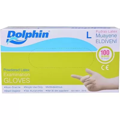 Dolphin Lateks Pudralı Muayene Eldiveni 1 PAKET 100 Adet Dolphin Lateks Pudralı Muayene Eldiveni 1 PAKET 100 Adet