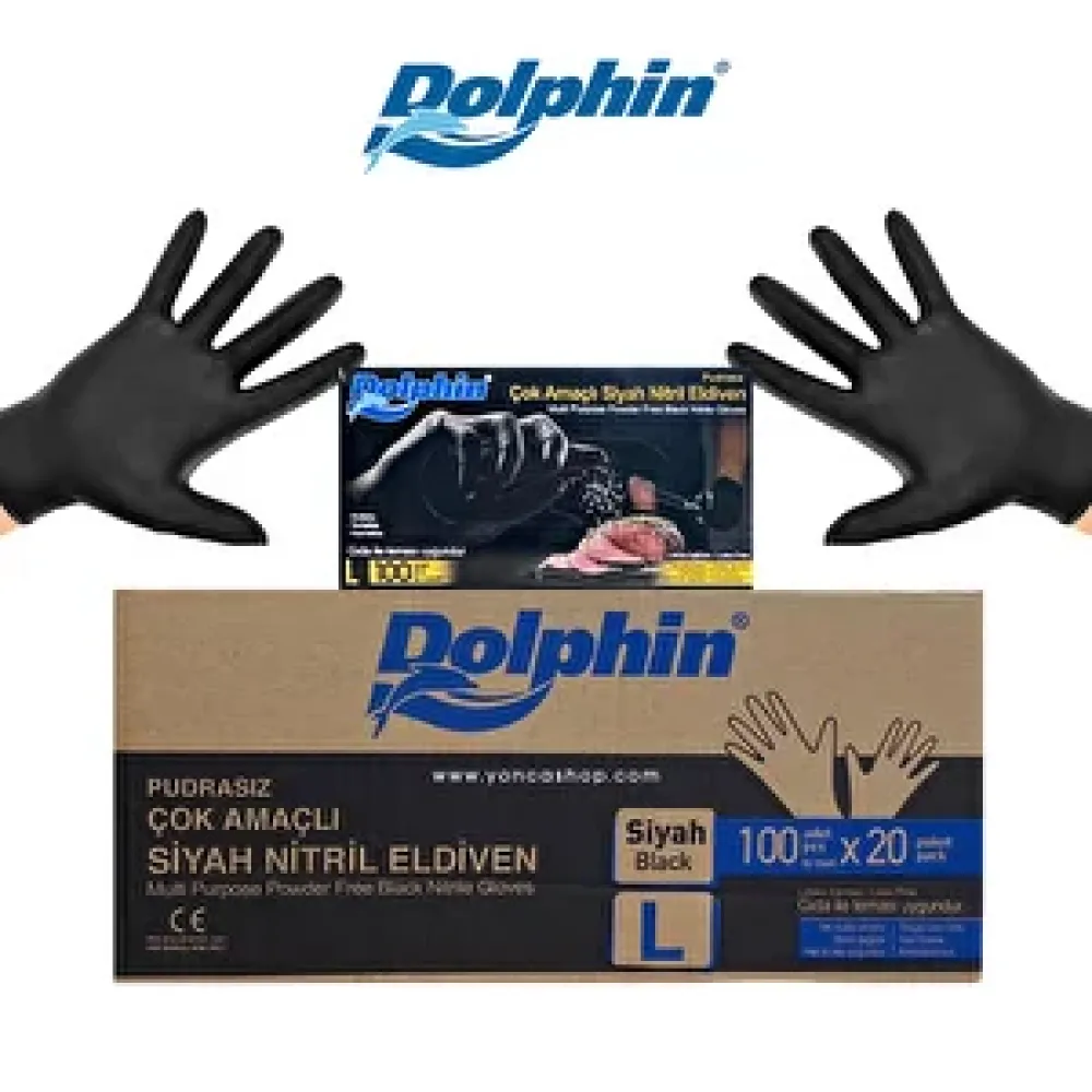 Dolphin Siyah Çok Amaçlı Nitril Eldiven Pudrasız 100lü PAKET 20 PAKET