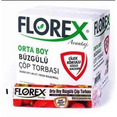 Florex Büzgülü Çilek Kokulu 55 x 60 cm 10x25 Rulo Çöp Poşeti Florex Büzgülü Çilek Kokulu 55 x 60 cm 10x25 Rulo Çöp Poşeti