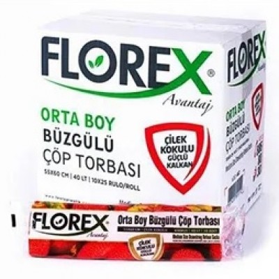 Florex Büzgülü Çilek Kokulu 55 x 60 cm 10x25 Rulo Çöp Poşeti Florex Büzgülü Çilek Kokulu 55 x 60 cm 10x25 Rulo Çöp Poşeti